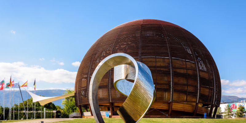 The steel ribbon and the Globe of Science and Innovation at CERN near Geneva.